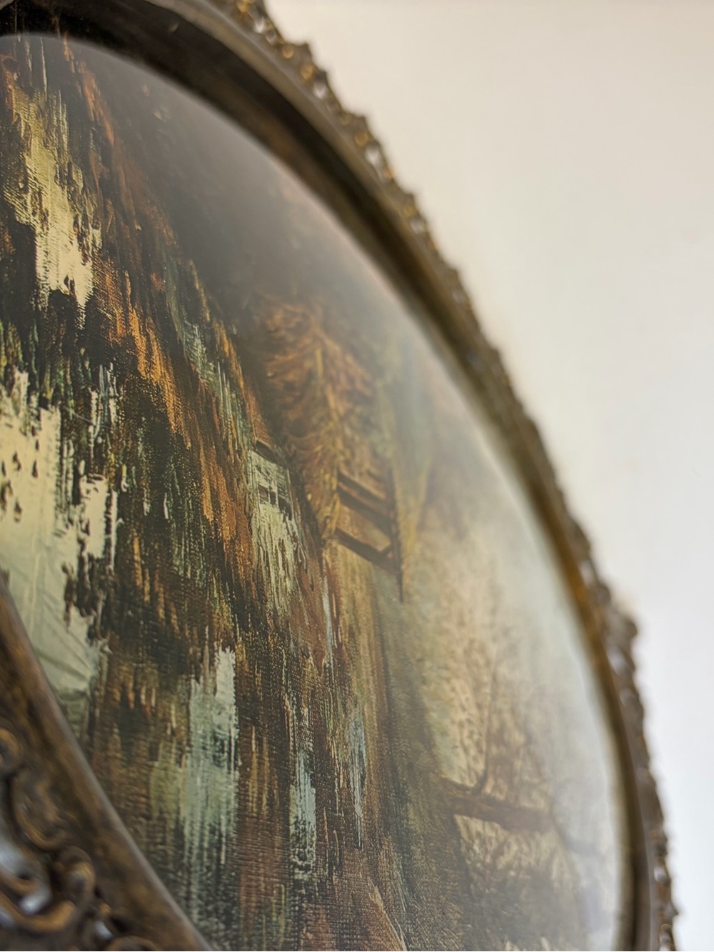 Vintage Convex Glass Landscape Art Ornate Metal Oval Frame Rococo Wall Decor - Picture 6 of 10